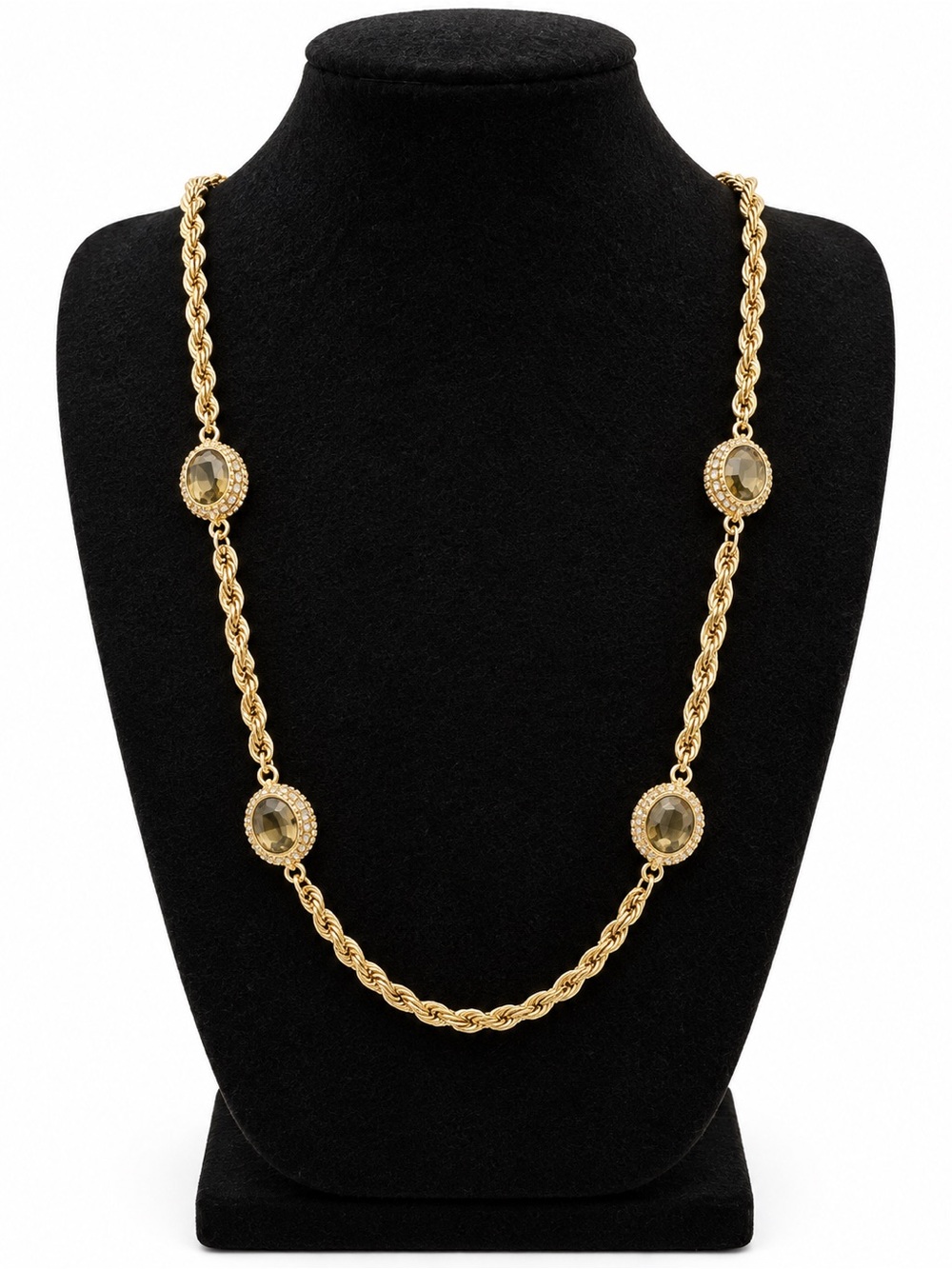 Gold Tone Rope Chain Necklace Faceted Crystal Stations Vintage Style Long